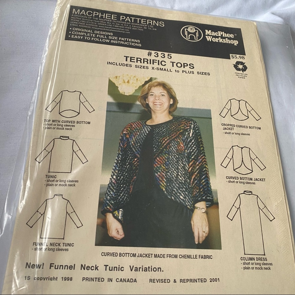 MacPhee Sewing Pattern Terrific Tops Brand New